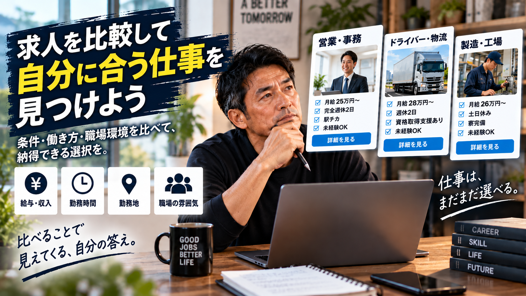 営業・事務、ドライバー・物流、製造・工場など複数職種の求人を比較するイメージ