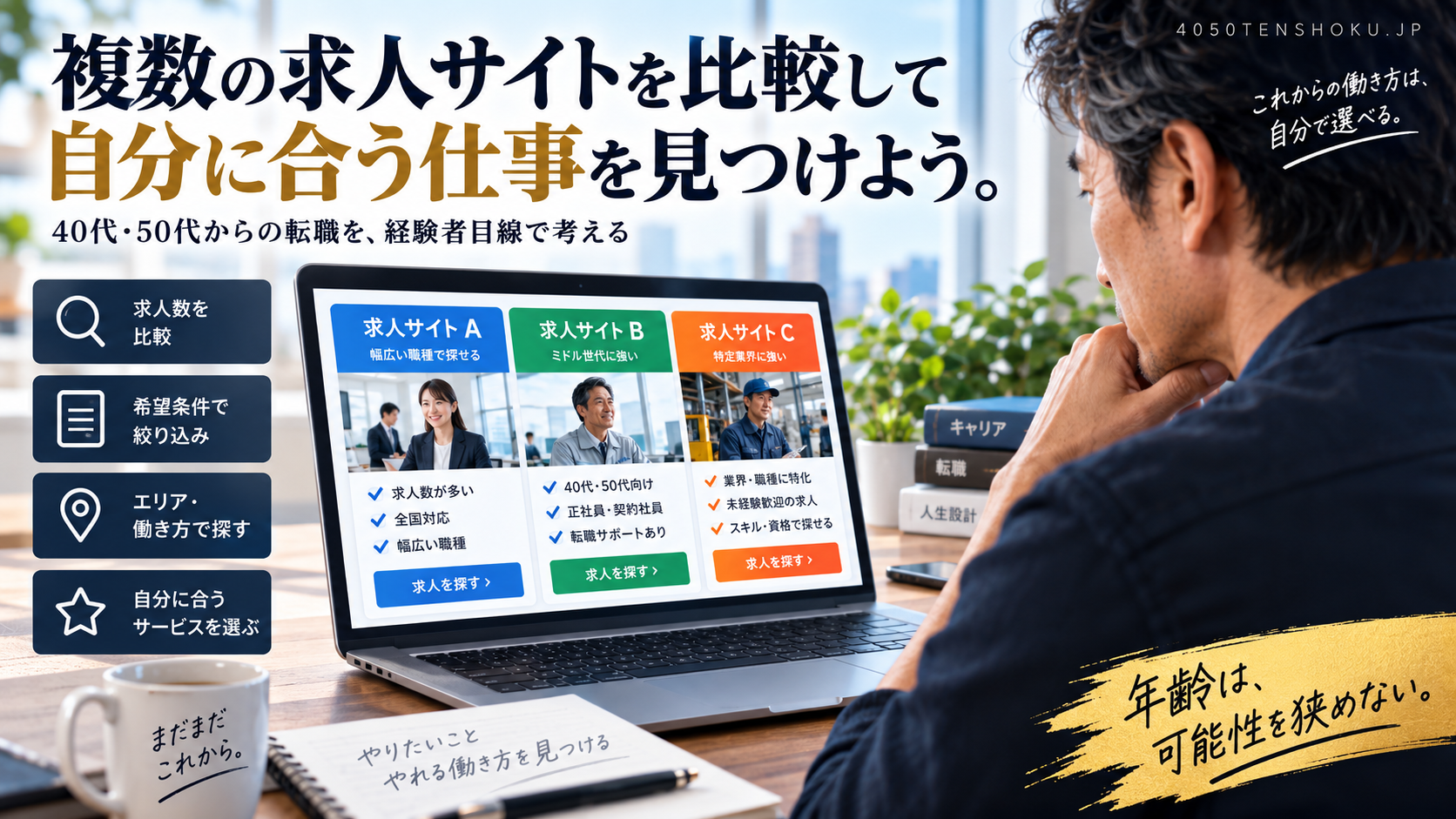 複数の求人サイトを比較しながら自分に合う仕事を探すイメージ
