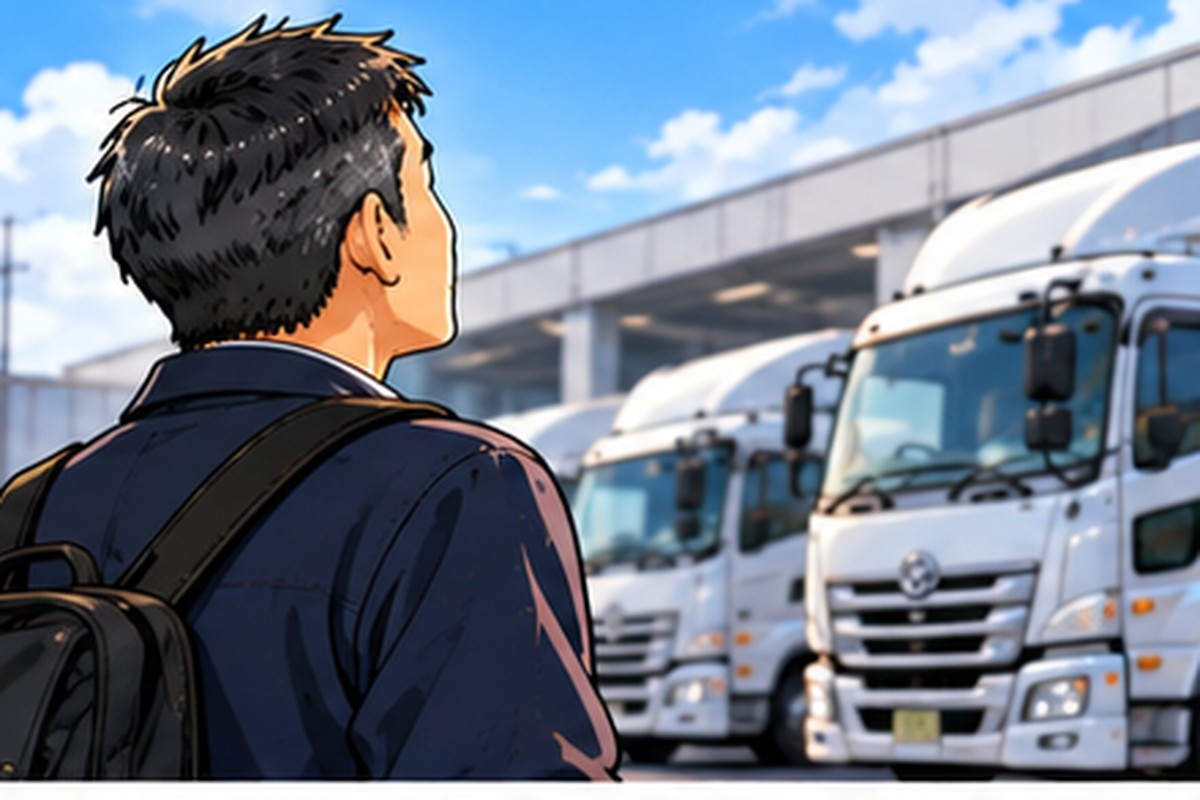 運送会社でトラックを見つめる転職した男性