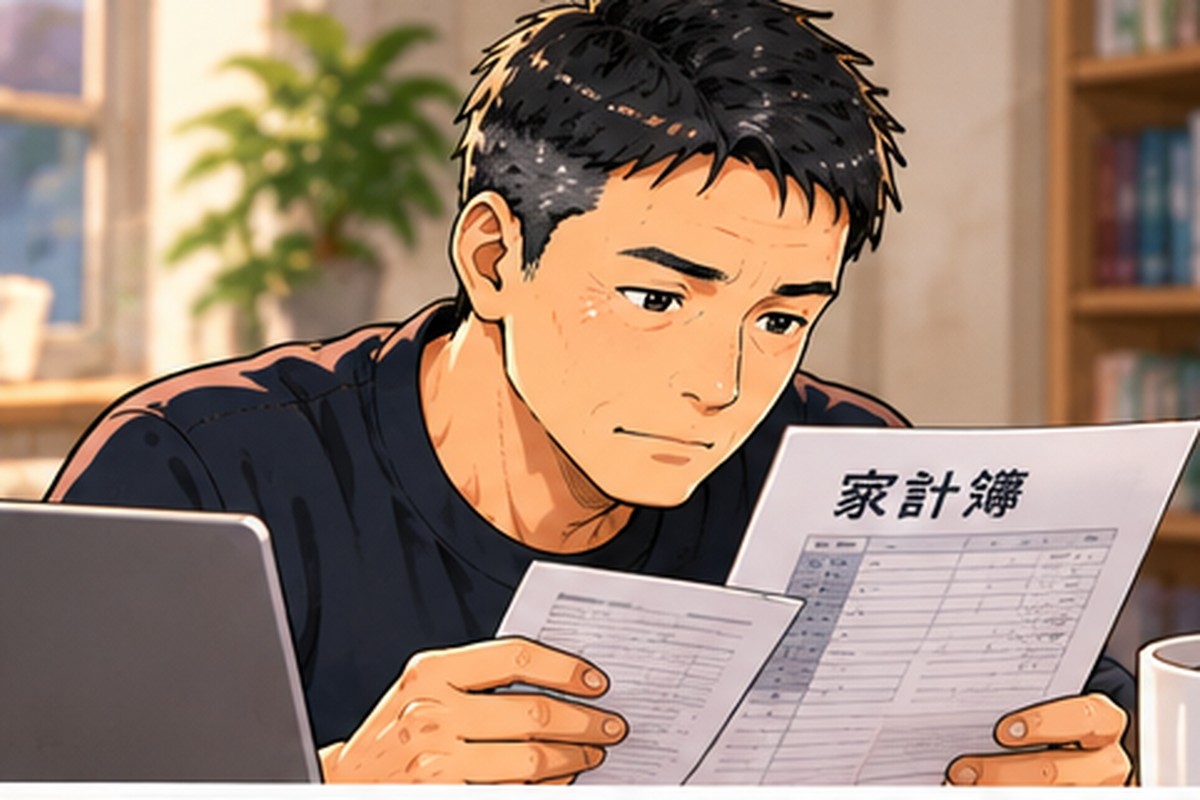 家計の書類を見ながら生活費を確認する男性