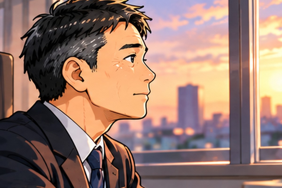 窓の外を眺めながら今後の働き方を考える男性