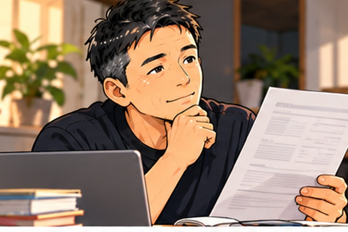 書類を見ながら仕事の選択肢を考える男性