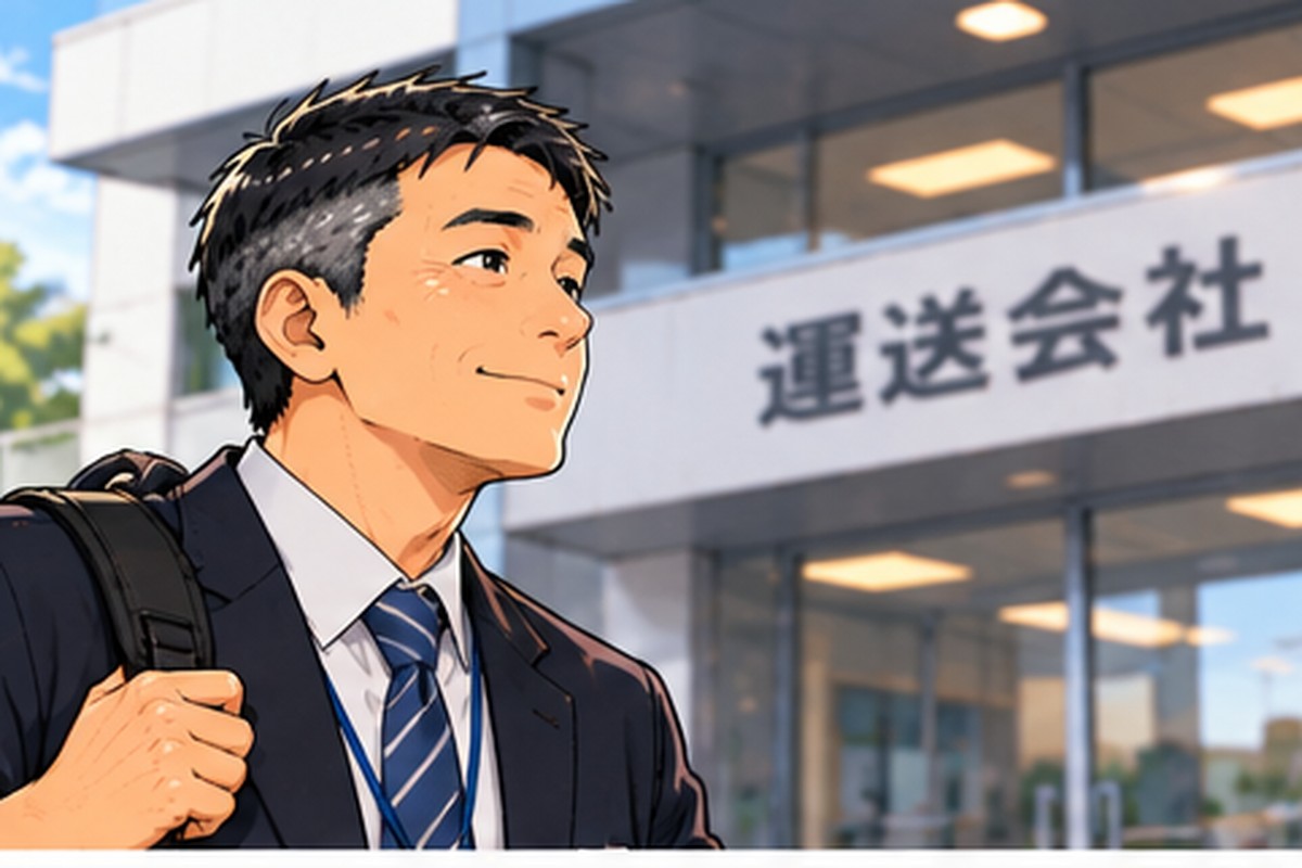 運送会社の前に立つ転職した男性