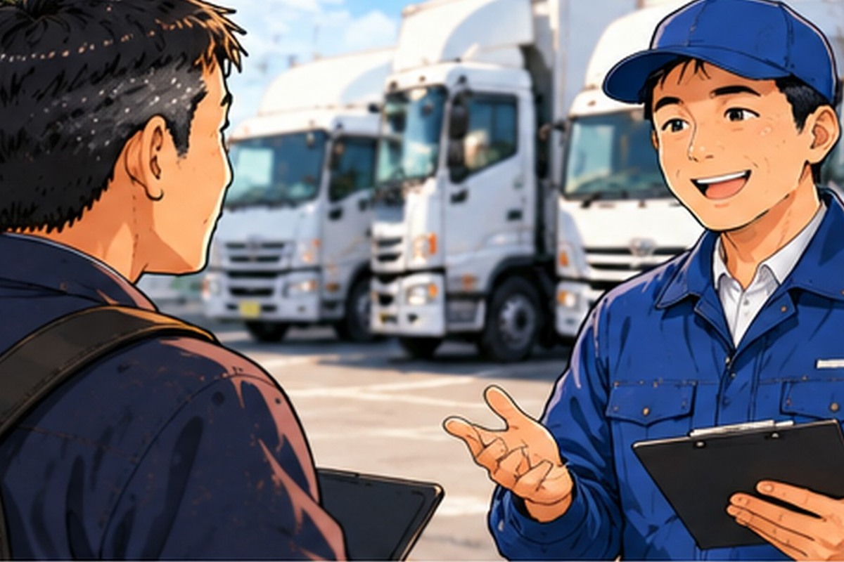 トラックの前で仕事の説明を受ける男性
