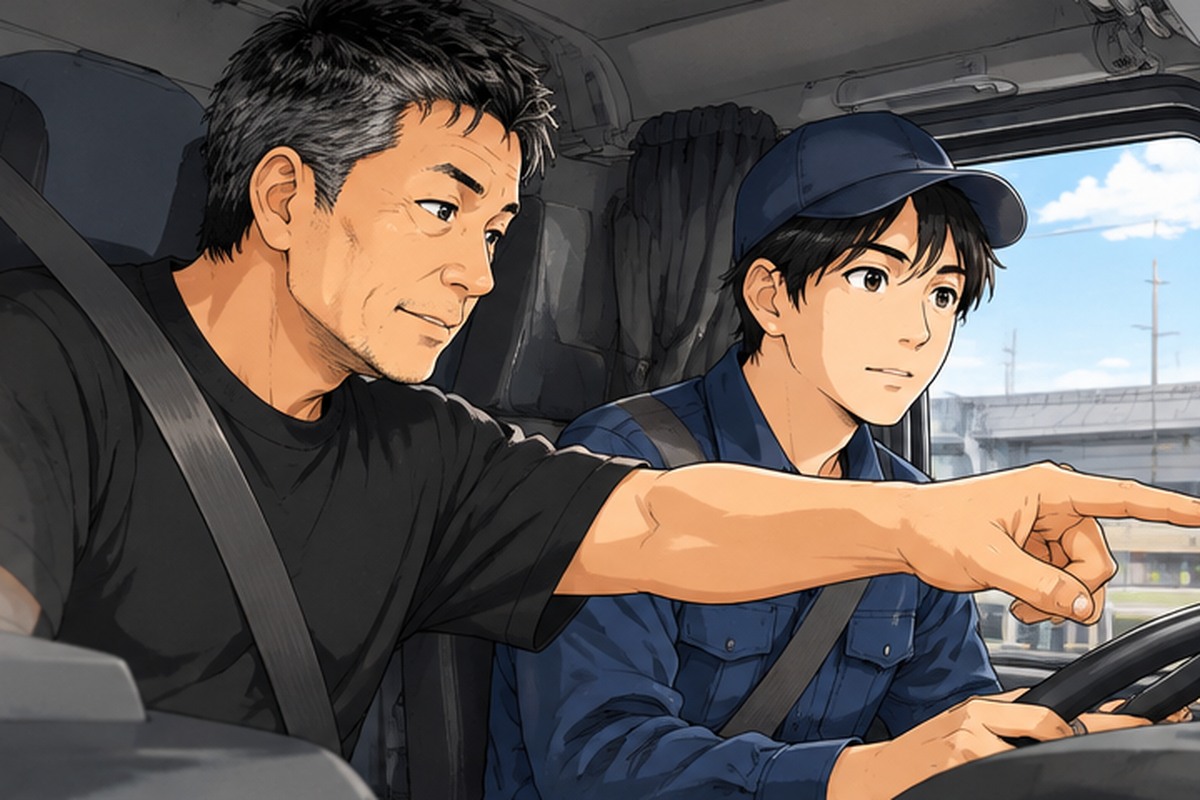助手席から新人ドライバーに運転を教える男性
